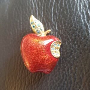 Vintage Gold Red Apple Enamel Crystal Teacher Brooch TC Signed TANYA CREATIONS